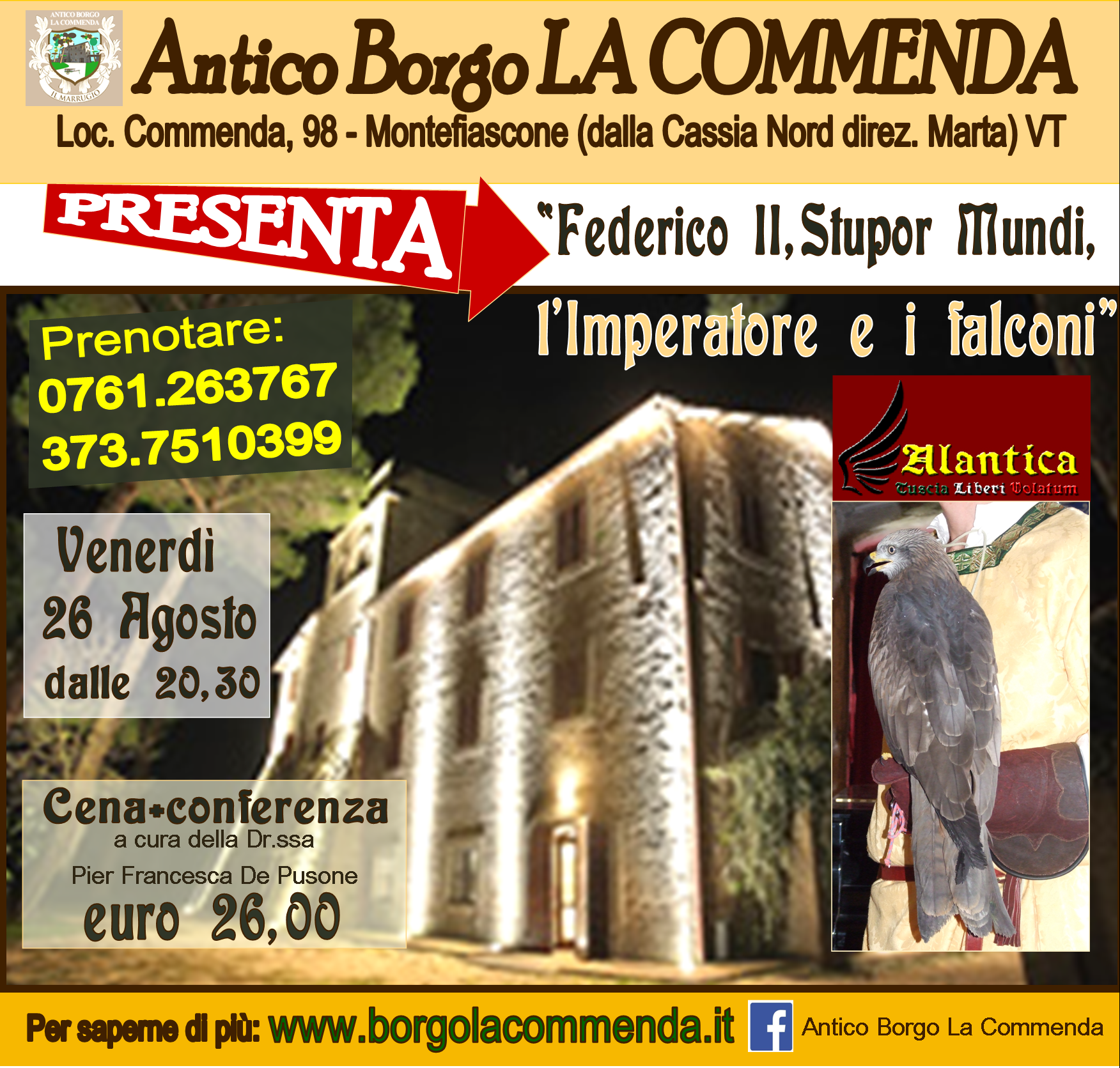 All’Antico Borgo La Commenda venerdì 26 agosto riprendono i Convivi:  “Federico II, Stupor Mundi, l’Imperatore e i falconi”